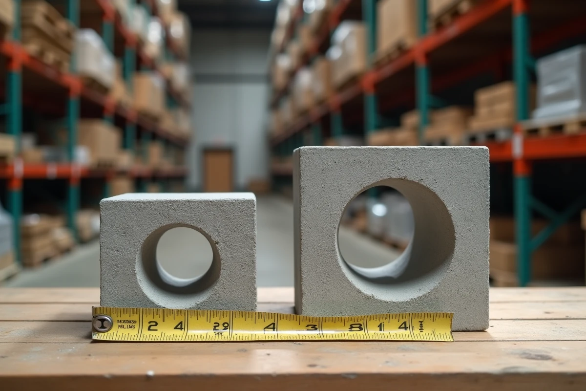 Comparaison de deux tailles de parpaings sur un établi en bois dans un entrepôt