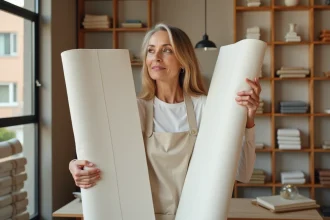 Femme comparant deux rouleaux de toile en fibre de verre lisse et à motifs dans un showroom de rénovation