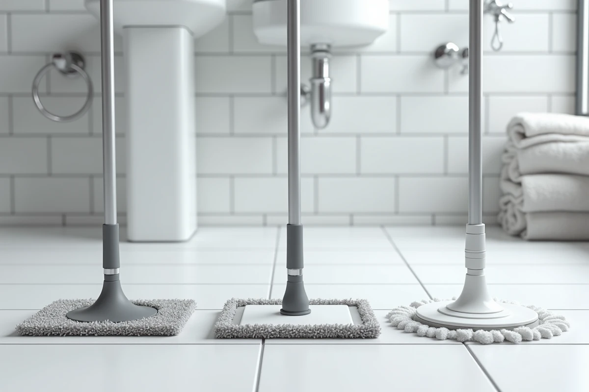 Comparatif de trois têtes de serpillière innovantes sur carrelage de salle de bain