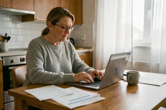 Femme comparant des offres d'assurance habitation sur un ordinateur portable dans une cuisine moderne