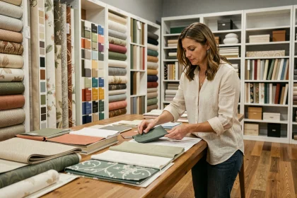 Conseillère déco comparant des échantillons de tissus et papiers peints dans un showroom 4 Murs Chambéry
