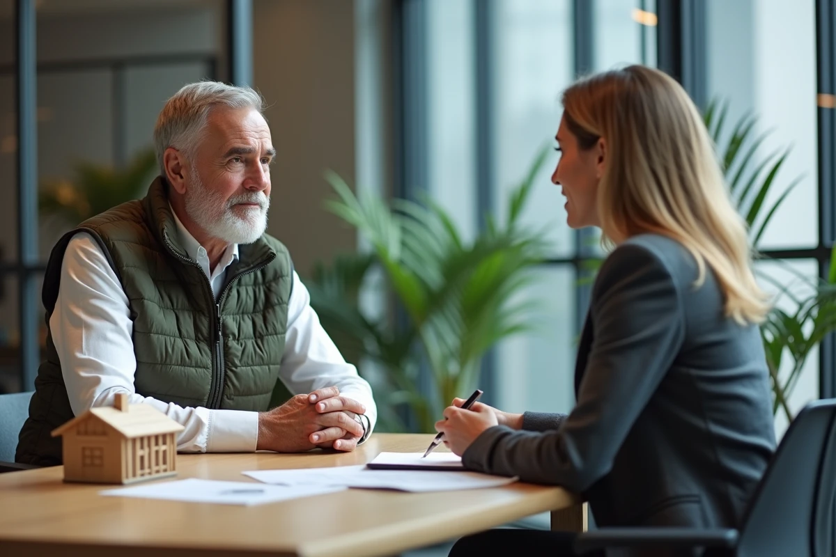 Homme rencontrant un conseiller financier pour discuter d'un financement alternatif pour l'achat d'un chalet habitable