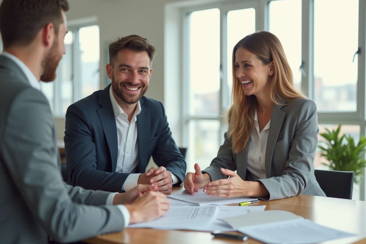 Conseiller en logement aidant un client dans un bureau lumineux