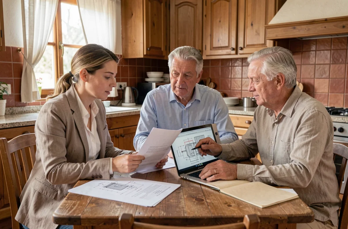 Conseillère en énergie présentant un devis d'installation de pompe à chaleur à un couple de propriétaires