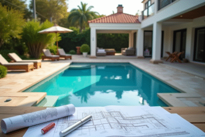 Piscine en construction dans un jardin en cours d'aménagement