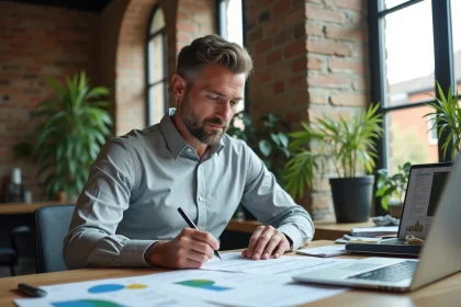 Consultant en énergie analysant un devis de rénovation énergétique dans un bureau professionnel