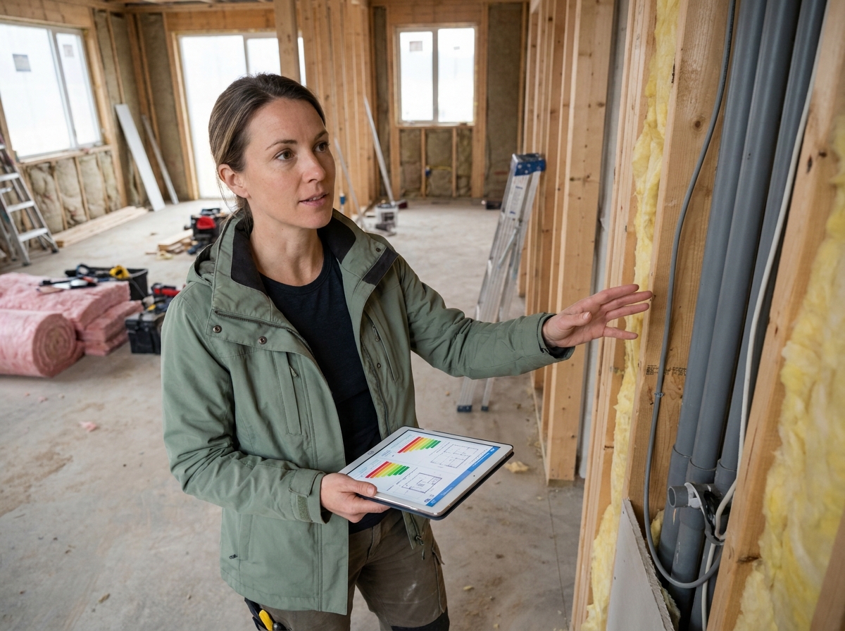 Consultante en énergie inspectant les installations de chauffage dans une maison en construction avec une tablette numérique