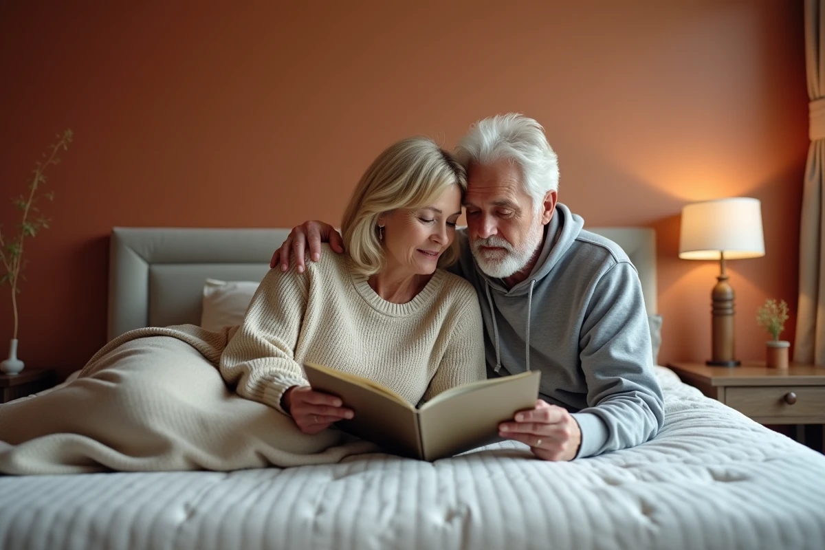 Couple consultant une brochure sur un matelas Duvivier dans une chambre chaleureuse, comparaison et avis avant achat