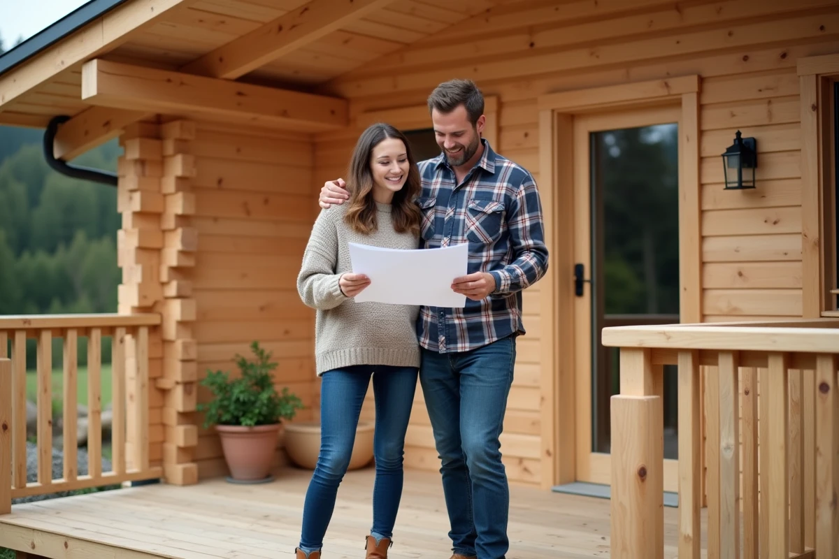 Couple souriant devant leur chalet en bois habitable de 80m2 livré monté en consultant les plans