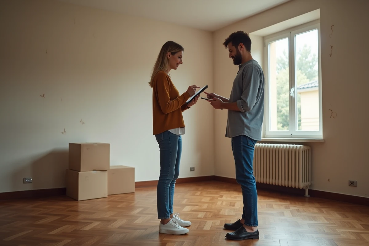 Couple consultant une checklist déménagement sur tablette dans un appartement vide le jour du déménagement