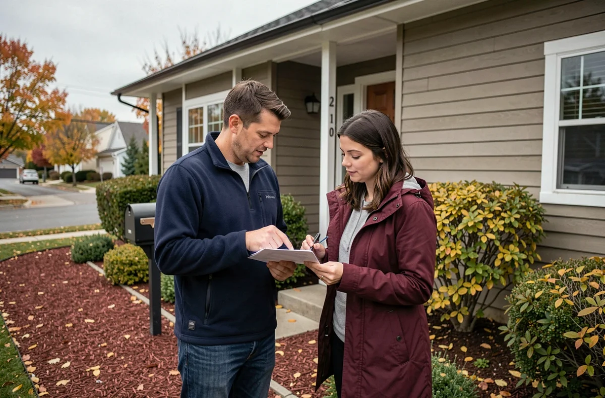 Couple examinant un devis d'assurance habitation devant leur maison en automne