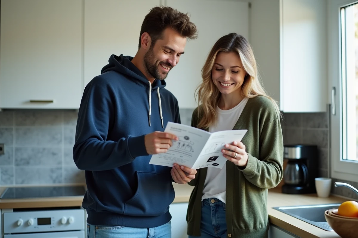Couple de locataires comparant les offres d'alarme Homiris et Verisure dans leur cuisine d'appartement