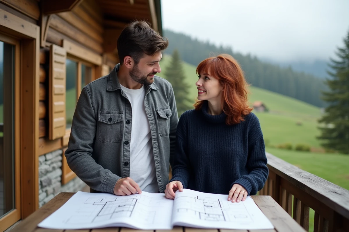 Couple étudiant des plans architecturaux sur la terrasse d'un chalet habitable en montagne pour un projet de financement participatif