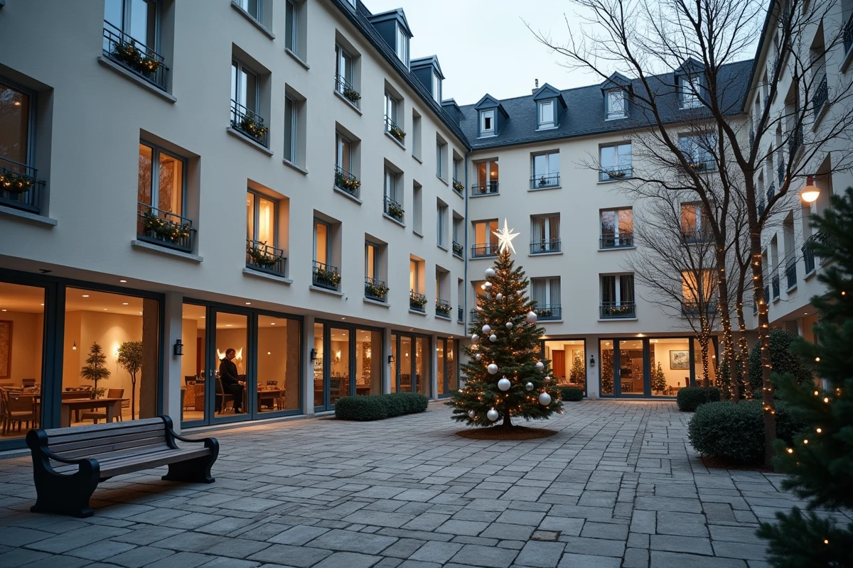 Cour intérieure de copropriété avec sapin de Noël commun et décorations coordonnées aux fenêtres