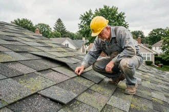 Couvreur inspectant une toiture shingle abîmée avec tuiles gondolées et mousses, illustration des risques d'un entretien bon marché