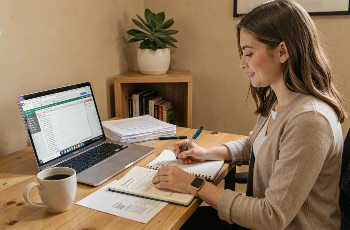 Jeune femme entrepreneur planifiant la création de son entreprise de ménage à domicile sur son bureau