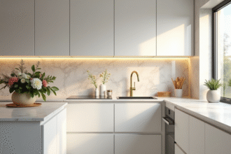 Cuisine moderne avec marbre et luminaires doux
