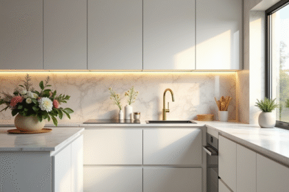 Cuisine moderne avec marbre et luminaires doux