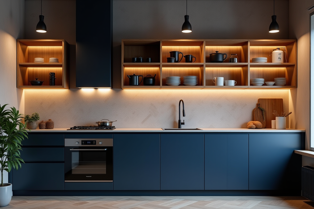 Cuisine urbaine avec meubles bleus et étagères en bois