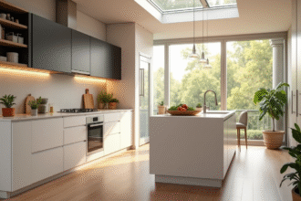 Cuisine familiale moderne et lumineuse avec îlot central