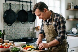 Homme en tablier coupe légumes dans une cuisine chaleureuse