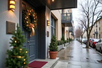Entrée de copropriété décorée pour Noël avec couronne de pin naturel et guirlandes LED sur buis en pot