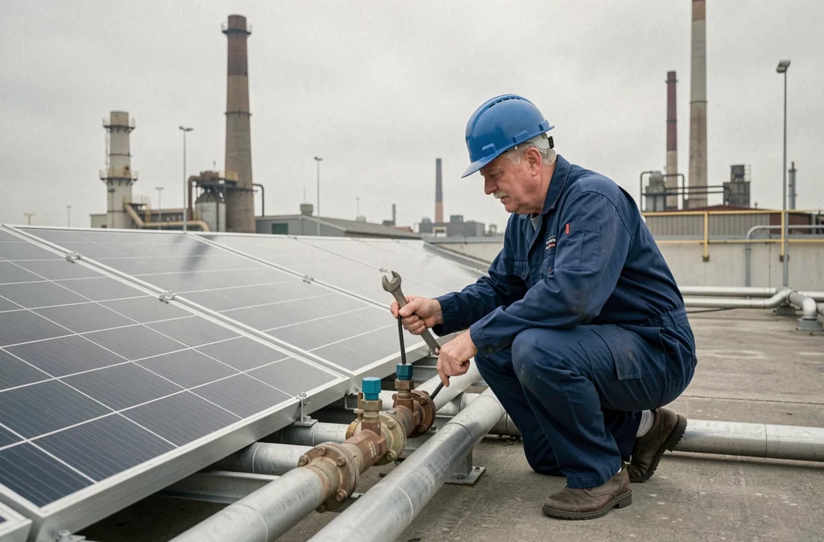 Technicien Delaunay Thermique Industrielle inspectant des capteurs solaires thermiques sur la toiture d'un site industriel en Seine-Maritime