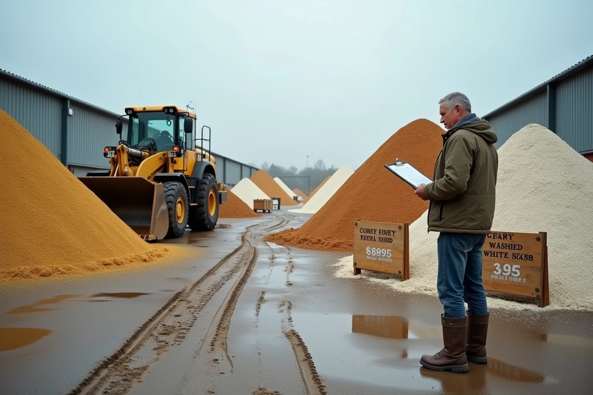Vue large d'un dépôt de matériaux avec stockpiles de sable de différents types étiquetés au poids et volume