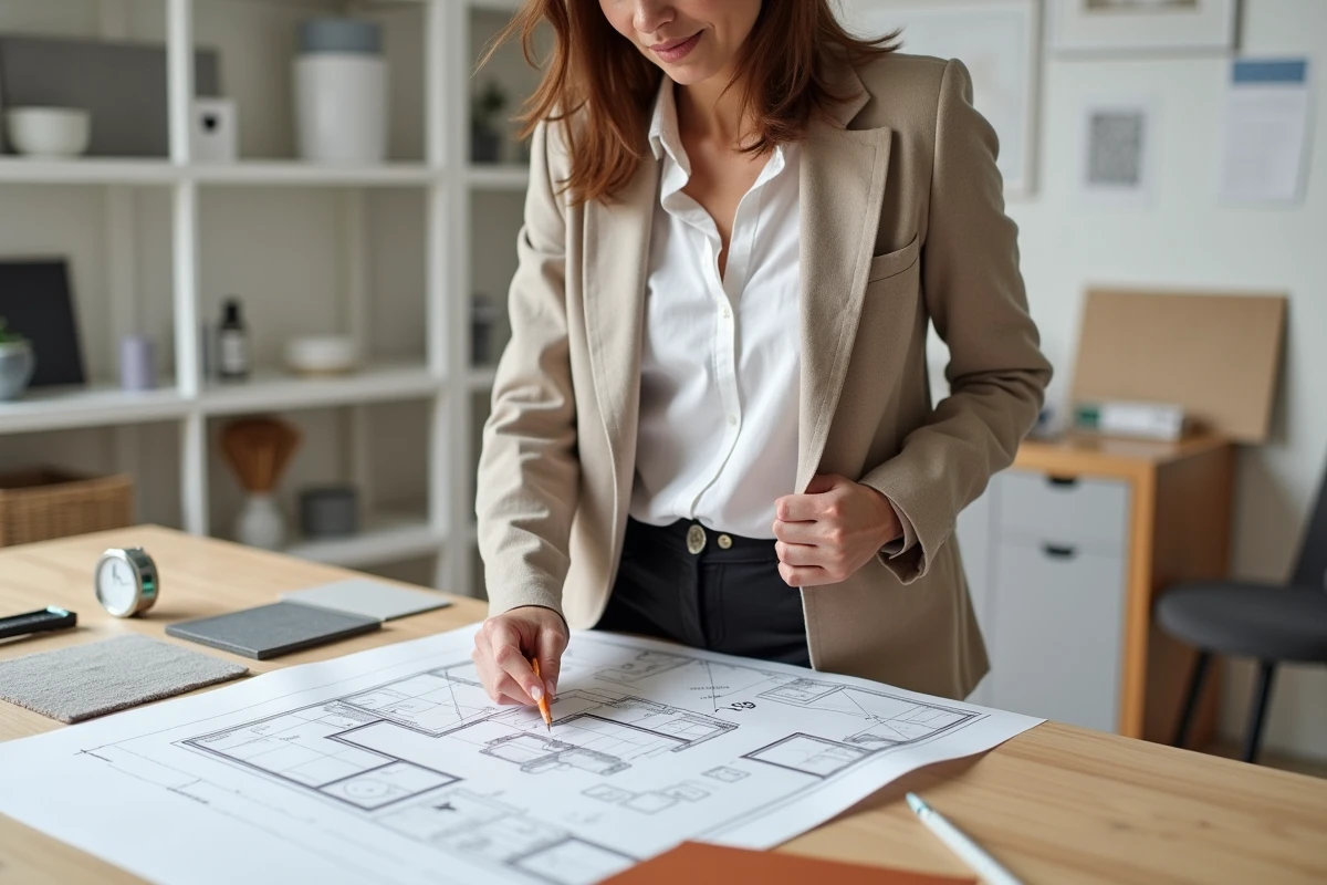Designer d'intérieur étudiant un plan de salle de bain avec échantillons de carrelage sur une table de travail