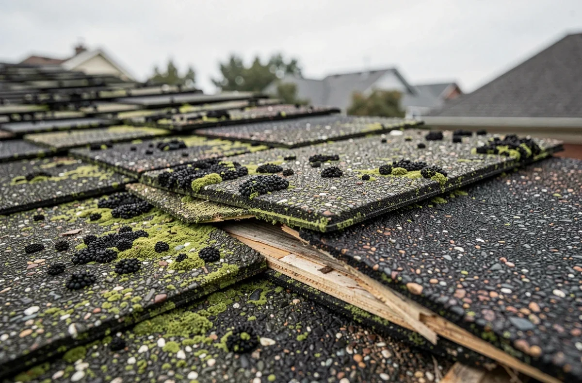 Gros plan sur des bardeaux de toiture shingle fissurés, décollés et envahis par la mousse, conséquences d'un mauvais entretien