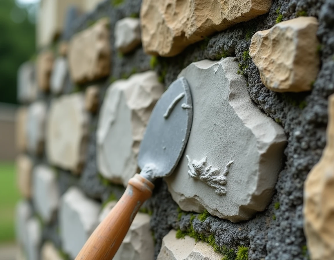Détail d'un mur en pierre avec joints au mortier ciment-sable fraîchement réalisés, travail de jointage soigné