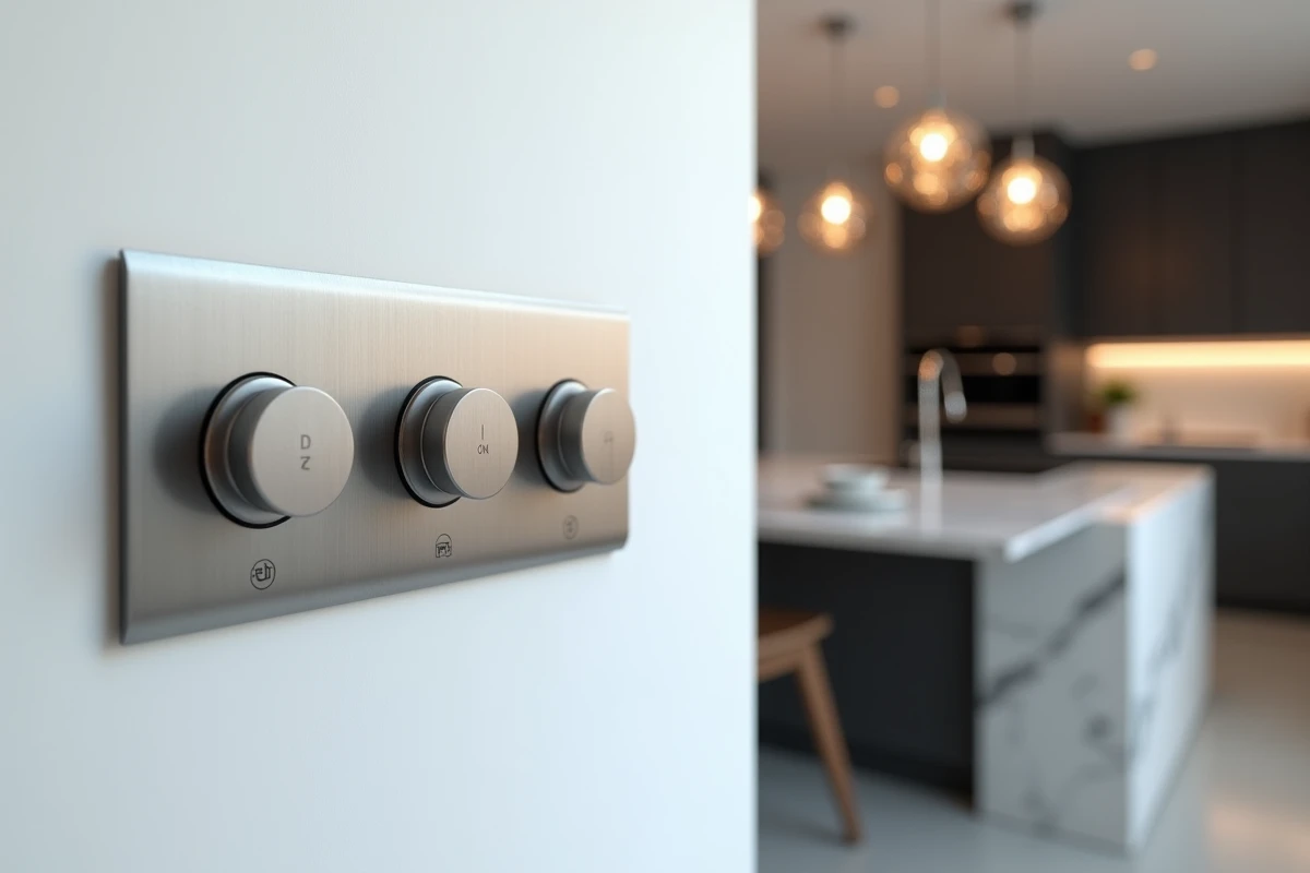 Gros plan sur un panneau de boutons poussoirs d'interrupteurs en acier brossé dans une cuisine moderne