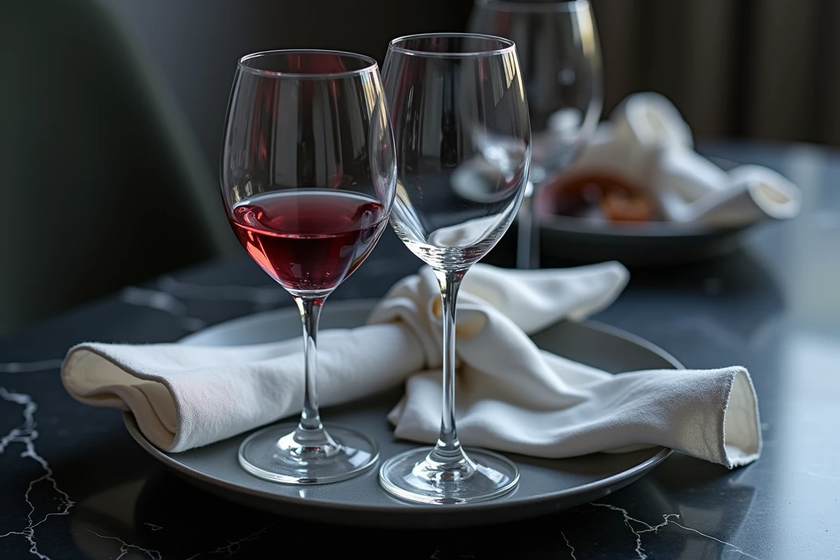 Détail de trois verres correctement positionnés sur une table formelle en marbre noir, flûte à champagne et verres à vin alignés avec précision pour un décor de table luxueux