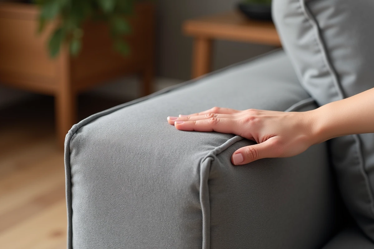 Détail texture tissu microfibre grise d'une housse de canapé d'angle pour usage quotidien