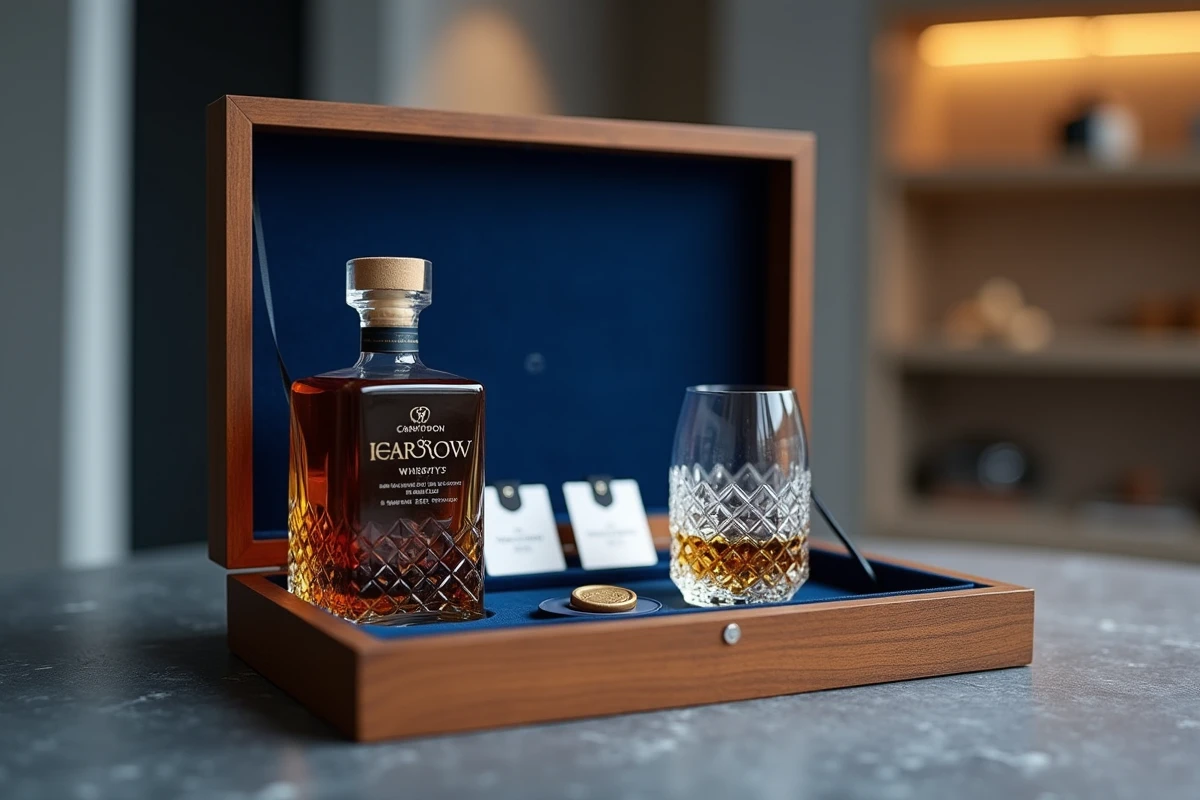 Gros plan sur un verre en cristal taillé et une bouteille gravée dans un coffret whisky en bois doublé de velours