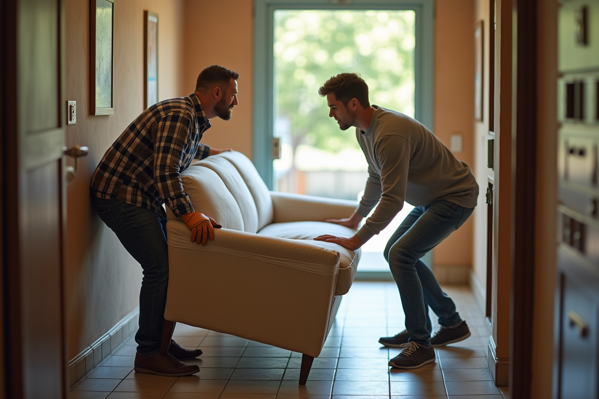 Deux hommes déplaçant un canapé emballé dans un couloir d