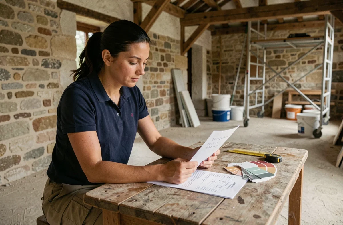 Entrepreneuse en rénovation analysant un devis de prix de peinture au mètre carré dans une maison de campagne française
