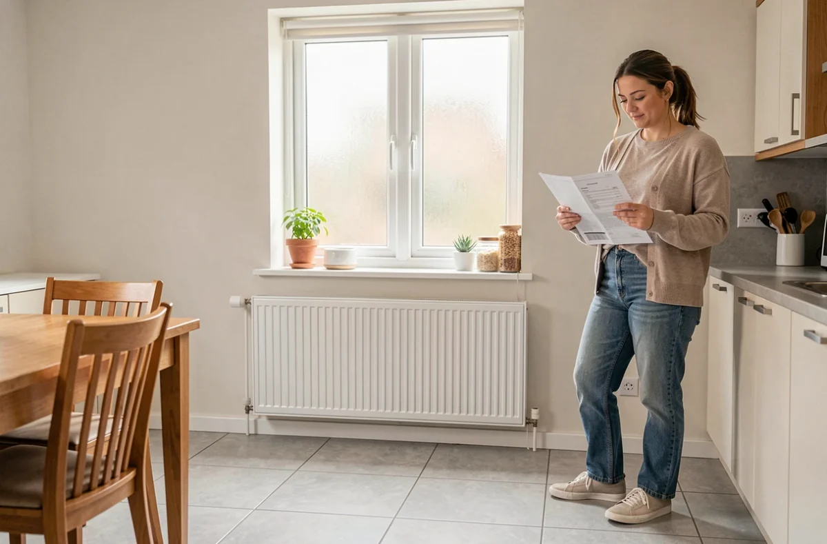 Femme consultant un devis pour un radiateur compatible pompe à chaleur dans une cuisine moderne