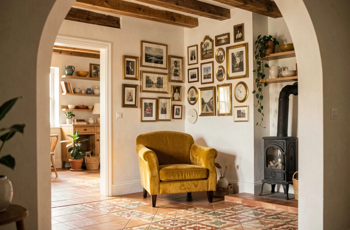Salon éclectique avec fauteuil velours moutarde, mur de cadres vintage et carreaux de ciment, projet de décoration intérieure Dizy Déco