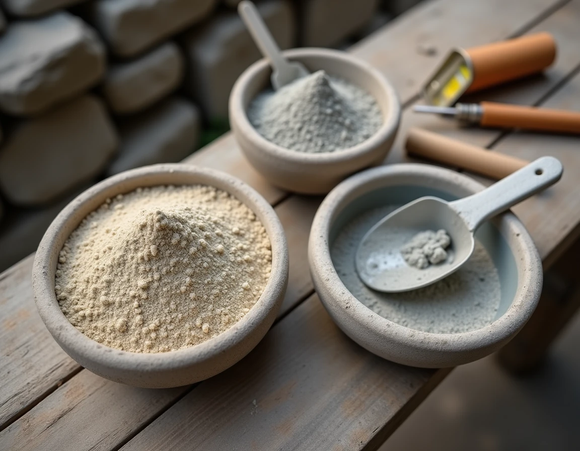 Dosage ciment et sable pour mortier de jointage mur en pierre, matériaux posés sur établi de chantier