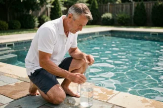 Homme dosant l'eau de javel pour traitement choc d'une piscine de 50 m3