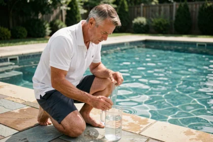 Homme dosant l'eau de javel pour traitement choc d'une piscine de 50 m3