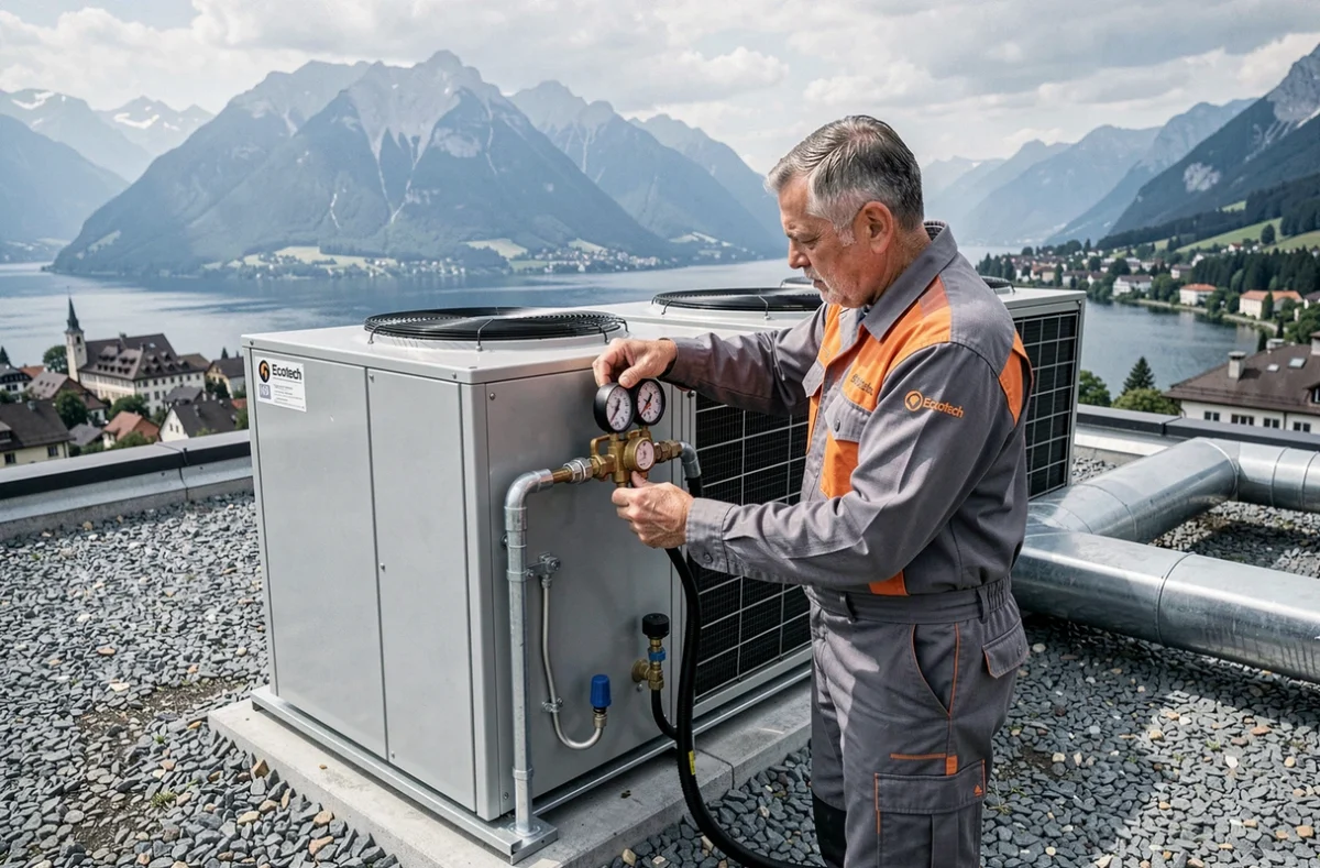 Technicien Ecotech contrôlant une installation de climatisation industrielle sur un toit à Annecy