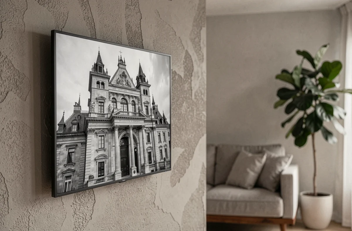 Écran numérique haut de gamme affichant une photo artistique en noir et blanc accroché dans un salon contemporain