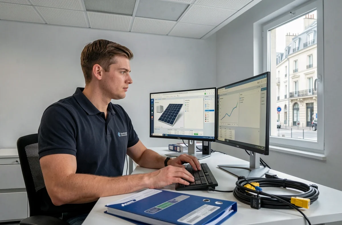 Technicien Elec.com gérant un projet d'installation solaire depuis un logiciel spécialisé dans un bureau moderne avec vue sur une rue française