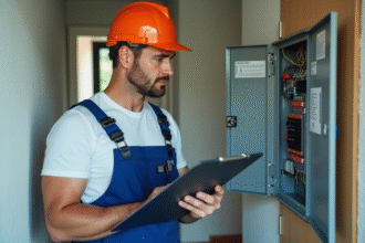 Électricien homme vérifiant un panneau électrique domestique