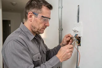 Électricien installant un va-et-vient double avec deux interrupteurs sur un mur blanc dans un couloir résidentiel