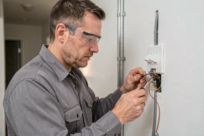 Électricien installant un va-et-vient double avec deux interrupteurs sur un mur blanc dans un couloir résidentiel