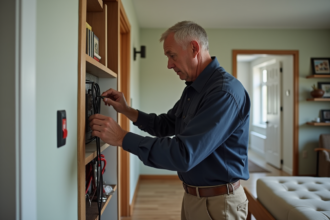 Électricien inspectant des fils dans un salon résidentiel