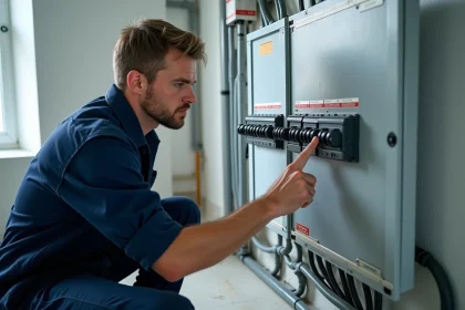Électricien professionnel examinant un tableau électrique avec disjoncteurs différentiels de type A et AC dans une pièce technique résidentielle